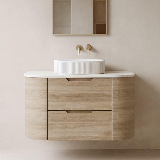 VITO CALVO Wall-Hung Curved Cabinet with Soft-Close Drawers and Natural Wood Finish 750-1550mm