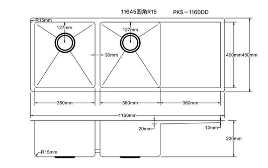 304 Double Stainless Steel Sink(PKS-1160DR)1160*450*220mm