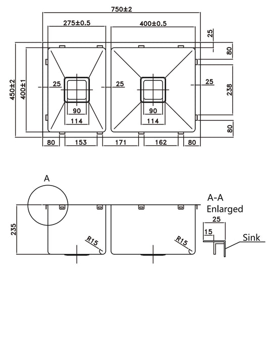304 Double Stainless Steel Sink(SLSS-750DS)750×450×235mm