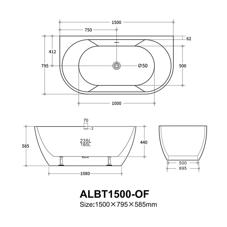 Atlantic Back to Wall Bathtub 1500*795*585mm ALBAT1500-OF/NF ALBAT1700-OF/NF