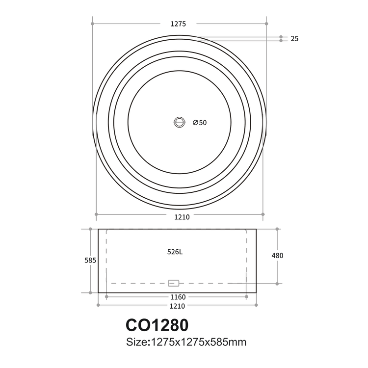 CETO Como round Groove bathtub 1280*1280*595mm COGV1280G W-NF