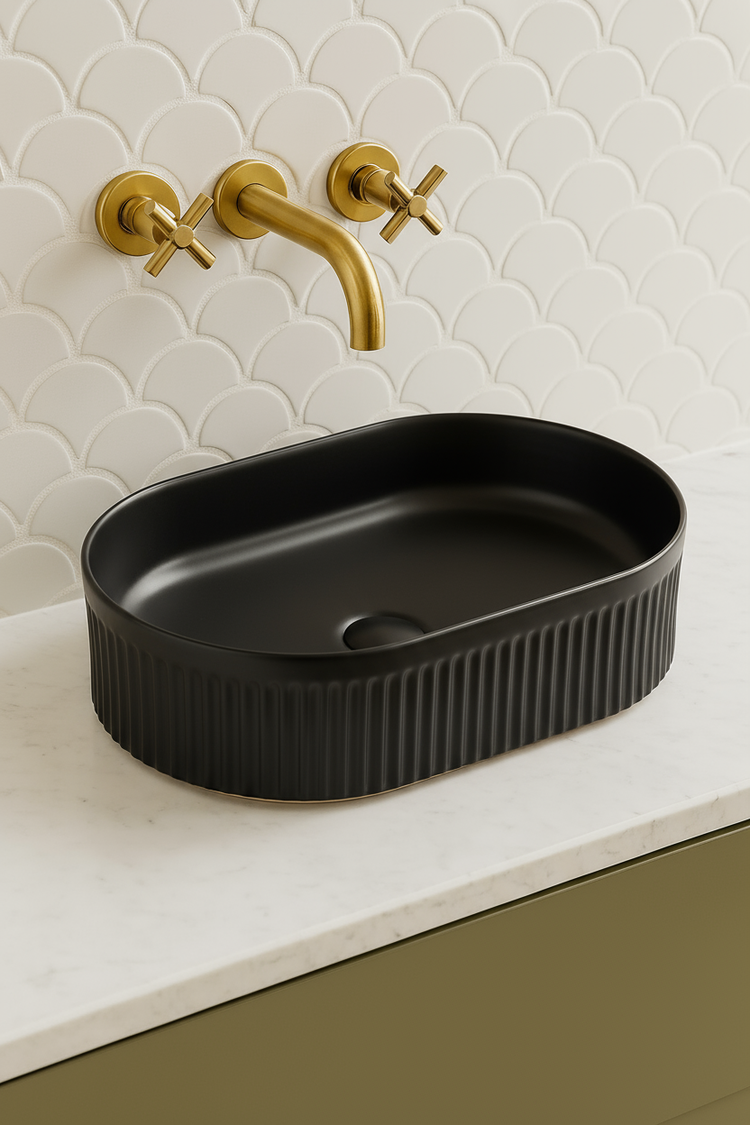VITO Athena Fluted Oval Premium Ceramic Above-Counter Basin 590*370*100mm ATH5937-GW/MW/MB