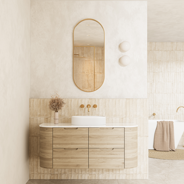 VITO CALVO Wall-Hung Curved Cabinet with Soft-Close Drawers and Natural Wood Finish 750-1550mm