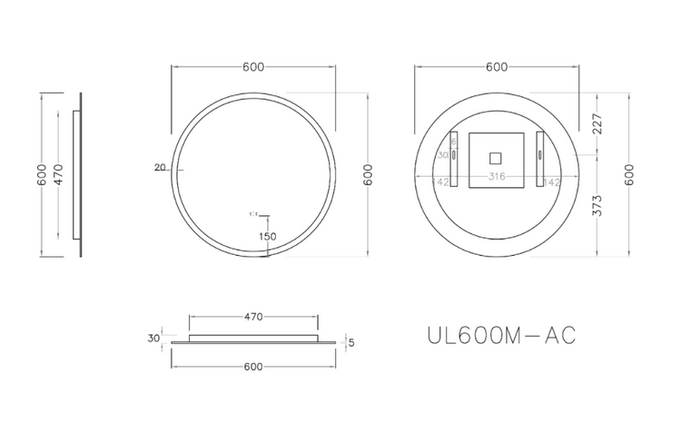 LED Backlit Mirror with Acrylic Strip Smart Touch Free Controls 600/700/800 UL600BM/UL700BM/UL800BM-AC