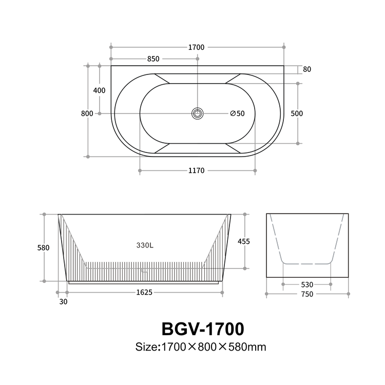 Bali Fluted Freestanding Back to Wall Bathtub 1500/1700 BBAT1500GW-MW-MB/BBAT1700GW-MW-MB