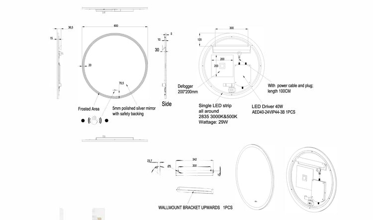 Ronda Backlit LED Mirror Smart Touch Free Controls 600/800/900mm OR600BM/OR800BM/OR900BM
