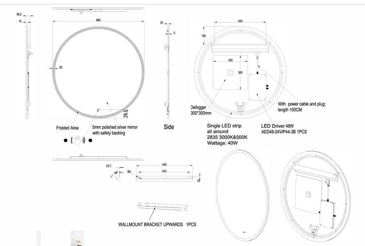 Ronda Backlit LED Mirror Smart Touch Free Controls 600/800/900mm OR600BM/OR800BM/OR900BM