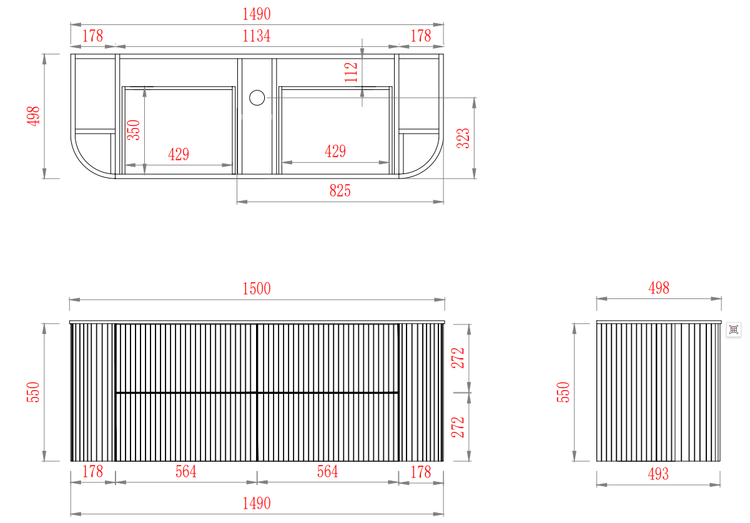 VITO ARTIS Fluted Curved Vanity with soft closing drawers 1200-1550mm(VART1200W-VRT1550W)
