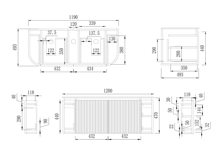 VITO NOOSA Fluted Curved  Vaity with Side Drawers  1200-1800mm