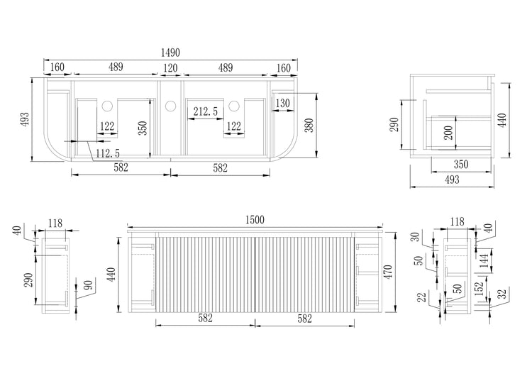 VITO NOOSA Fluted Curved  Vaity with Side Drawers  1200-1800mm