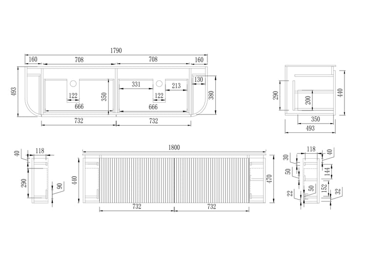 VITO NOOSA Fluted Curved  Vaity with Side Drawers  1200-1800mm