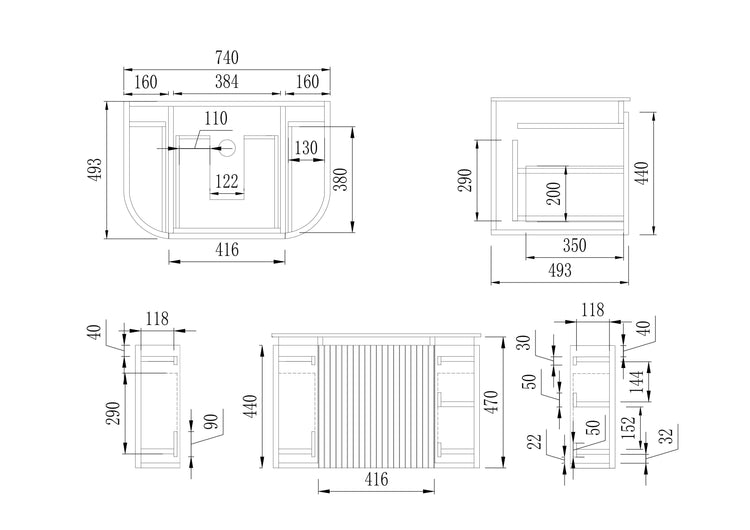 VITO NOOSA Fluted Curved Vanity With Side Drawers 740*493*470mm (NOS750W-MW)