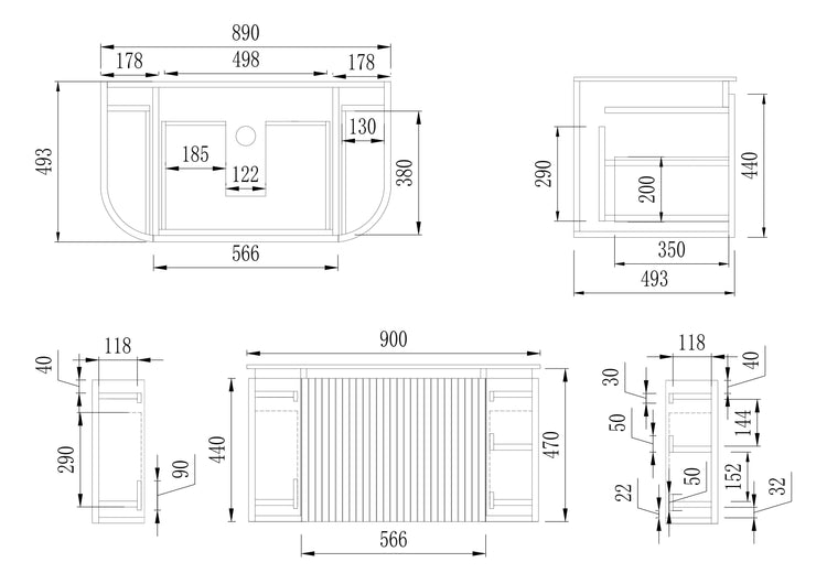 VITO NOOSA Fluted Curved Vanity with Side Drawers 890*493*470mm (NOS900W-MW)