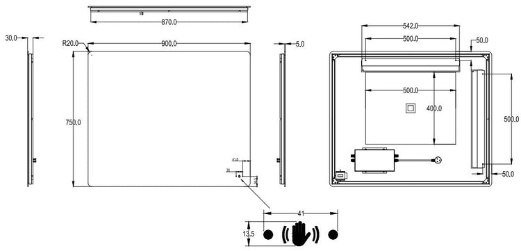 Ovian LED Back lit Mirror Pencil Edge Smart touch free controls 750/900/1200 OSPBM7560/9075/1280
