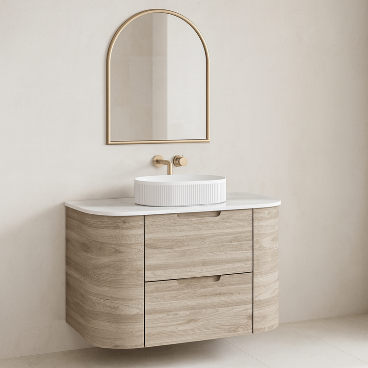 VITO CALVO Wall-Hung Curved Cabinet with Soft-Close Drawers and Natural Wood Finish 750-1550mm