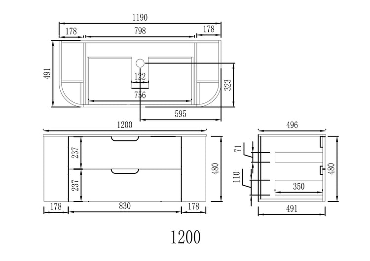 VITO CALVO Wall-Hung Curved Cabinet with Soft-Close Drawers and Natural Wood Finish 750-1550mm