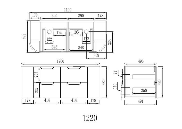 VITO CALVO Wall-Hung Curved Cabinet with Soft-Close Drawers and Natural Wood Finish 750-1550mm
