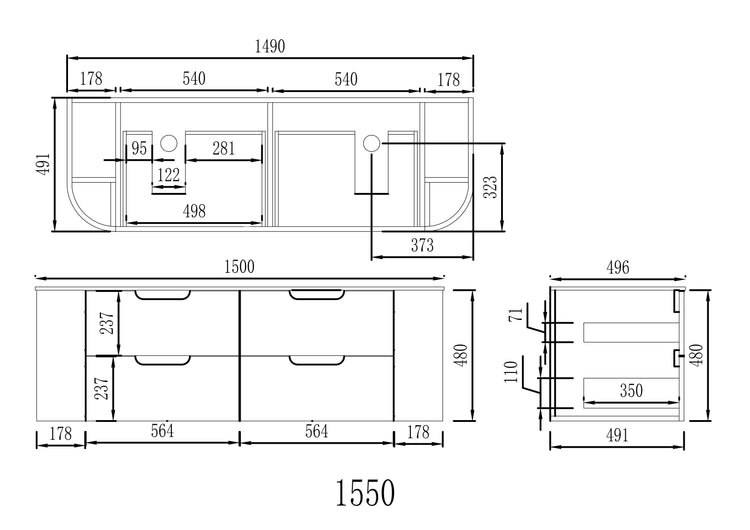 VITO CALVO Wall-Hung Curved Cabinet with Soft-Close Drawers and Natural Wood Finish 750-1550mm