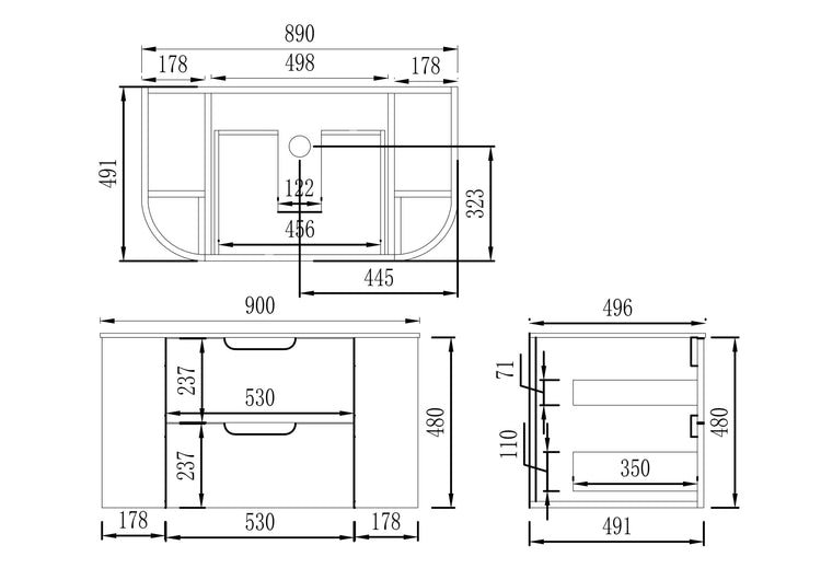 VITO CALVO Wall-Hung Curved Cabinet with Soft-Close Drawers and Natural Wood Finish 750-1550mm