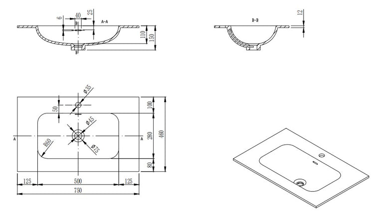 VITO CHESLEY SOLID SURFACE TOP - Standard 750*460*15mm