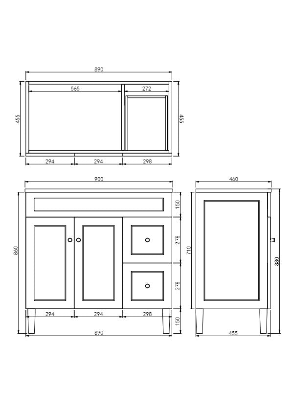VITO Harrington Floor PVC Cabinet Soft Closing Door, solid wood legs and and left-right double doors 890mm