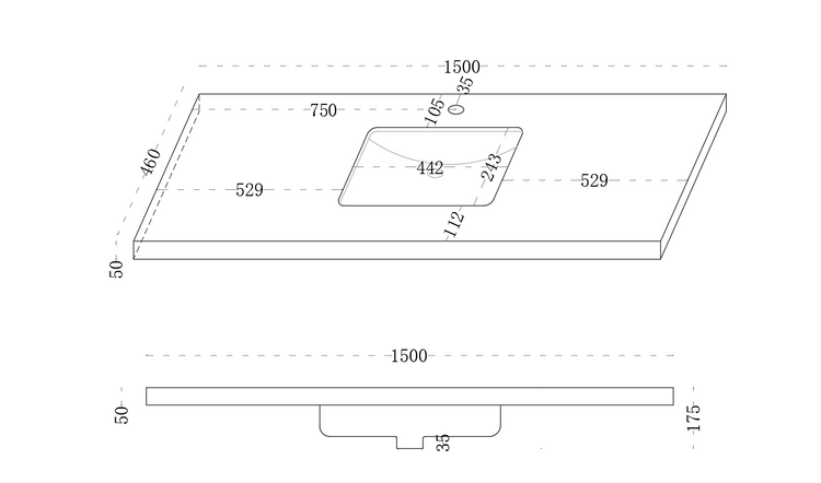VITO DeLume SINTERED top seamless jointed with ceramic basin 600/750/900/1200/1500mm NDU64/74/94/124/154-TH/NTH