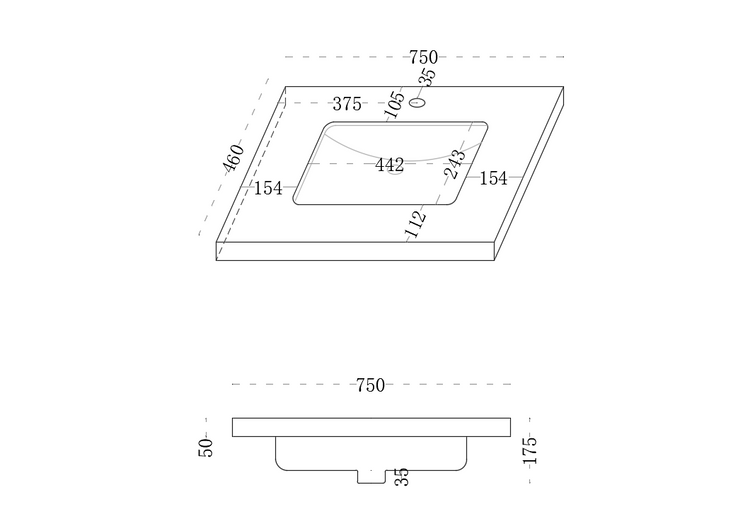 VITO DeLume SINTERED top seamless jointed with ceramic basin 600/750/900/1200/1500mm NDU64/74/94/124/154-TH/NTH