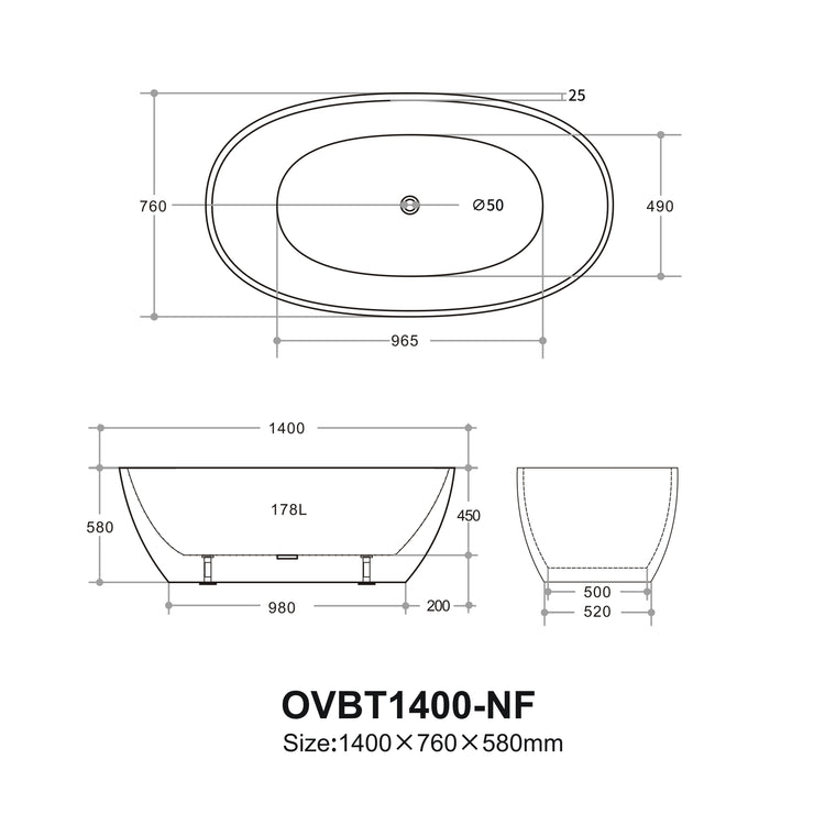 Ovy Acrylic Freestanding Bathtub 1400/1500/1700 OVY1400/1500/1700-NF/OF