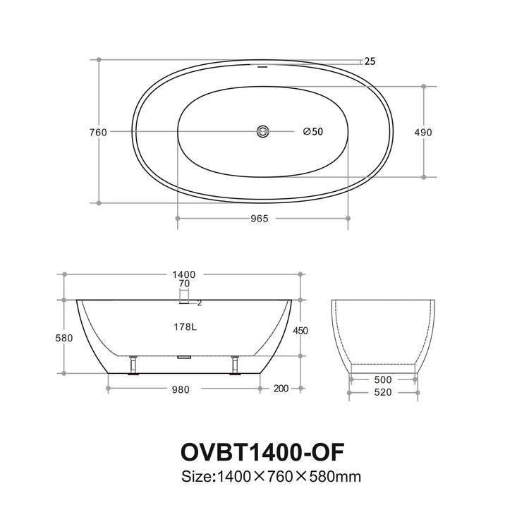 Ovy Acrylic Freestanding Bathtub 1400/1500/1700 OVY1400/1500/1700-NF/OF