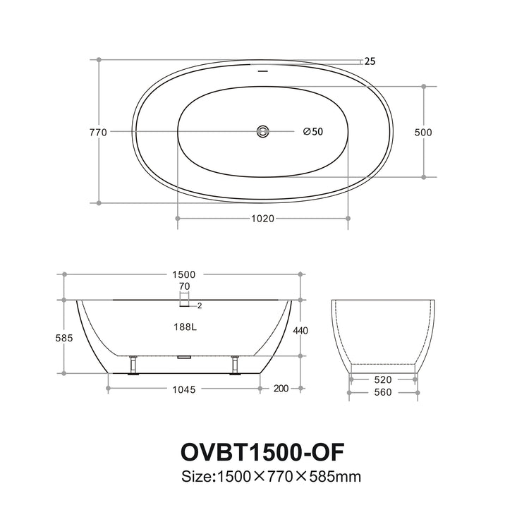 Ovy Acrylic Freestanding Bathtub 1400/1500/1700 OVY1400/1500/1700-NF/OF