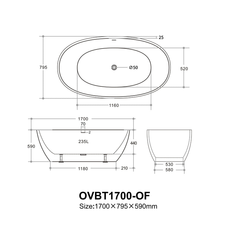 Ovy Acrylic Freestanding Bathtub 1400/1500/1700 OVY1400/1500/1700-NF/OF