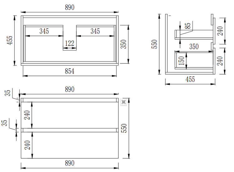 VITO REFINE Wall Hung PVC Cabinet With U Shape Soft Closing Drawers 600-900mm