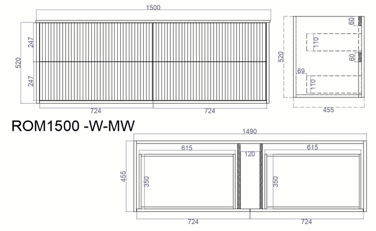 VITO ROCCA Wall Hung PVC Cabinet With Soft Closing Drawers 1200-1500mm
