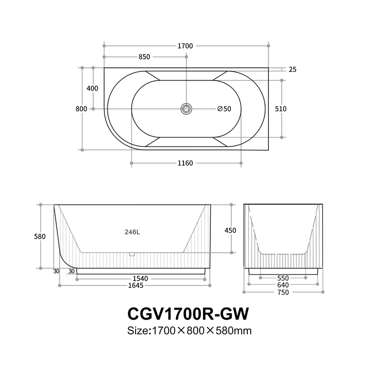 Capri Fluted  Corner Freestanding Bathtub 1500/1700mm CBAT1500L/R-GW/MW/MB/CBAT1700L/R-GW/MW/MB