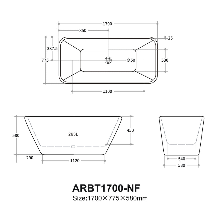 Rossa Freestanding Bathtub 1500/1700 RBAT1500-NF/RBAT1700-NF