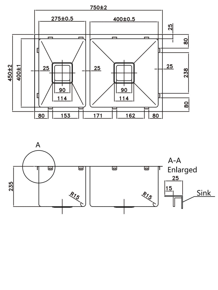 304 Double Stainless Steel Sink（SLSS-750DS）750×450×235mm
