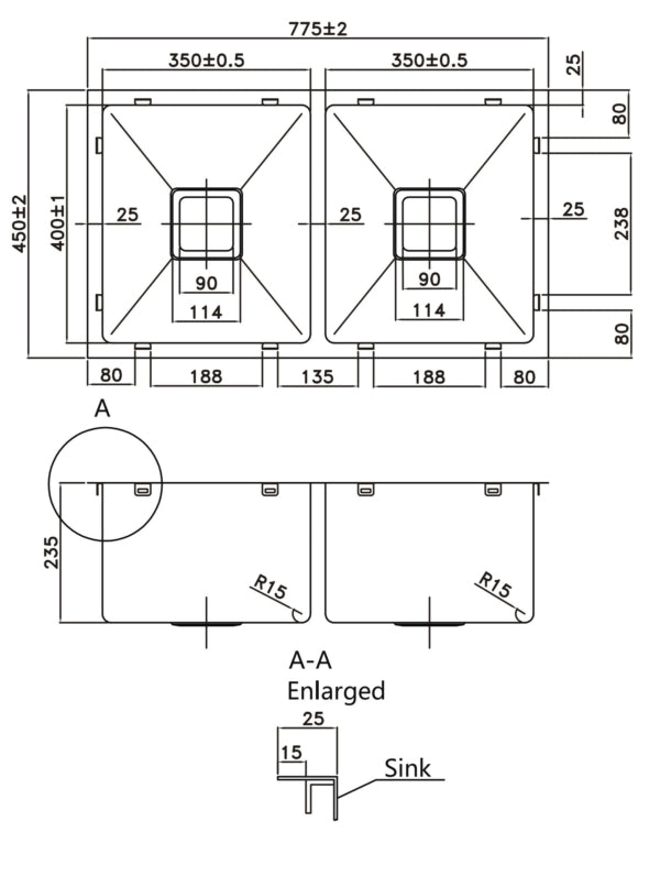 Double-bowl Stainless Steel Sink（PKS-775DS-GM）775×450×235mm