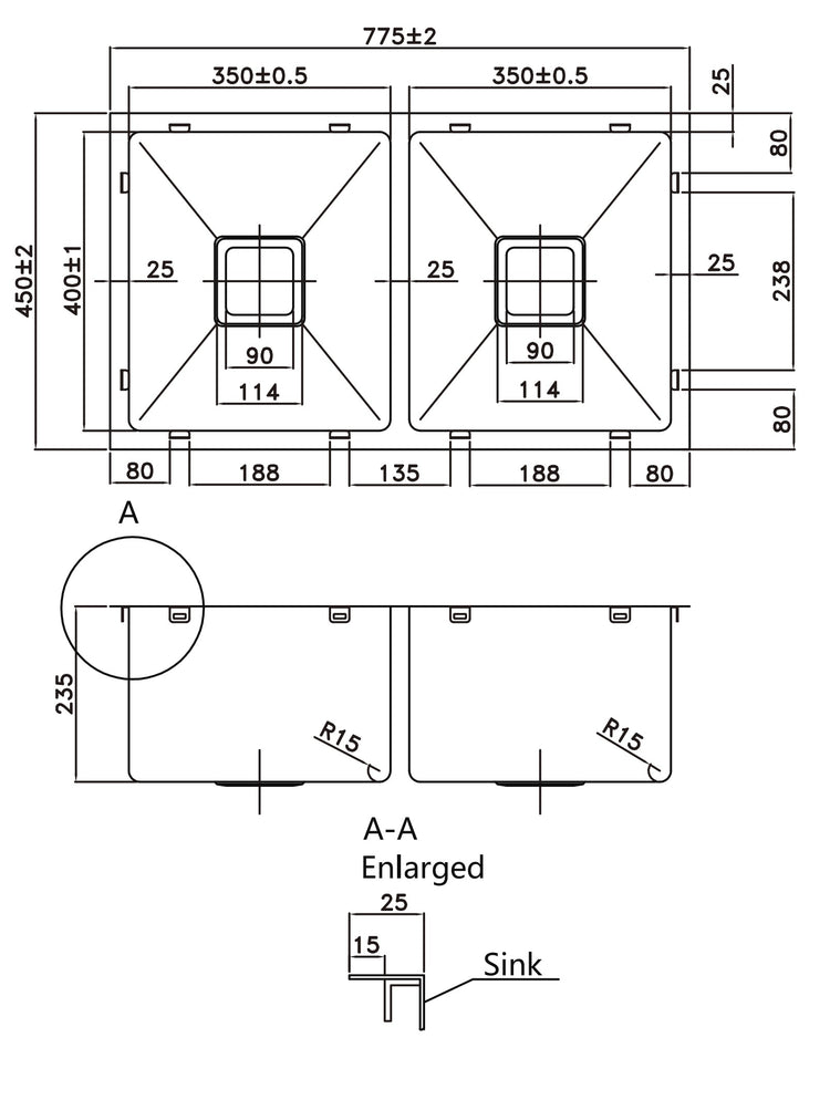 304 Double Stainless Steel Sink（SLSS-775DS）775×450×235mm