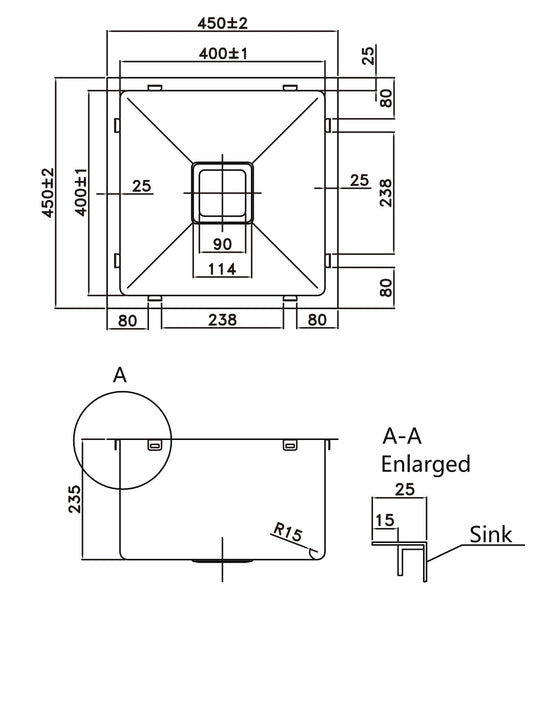 304 Stainless Steel Sink（SLSS-450S） 450x450x220mm
