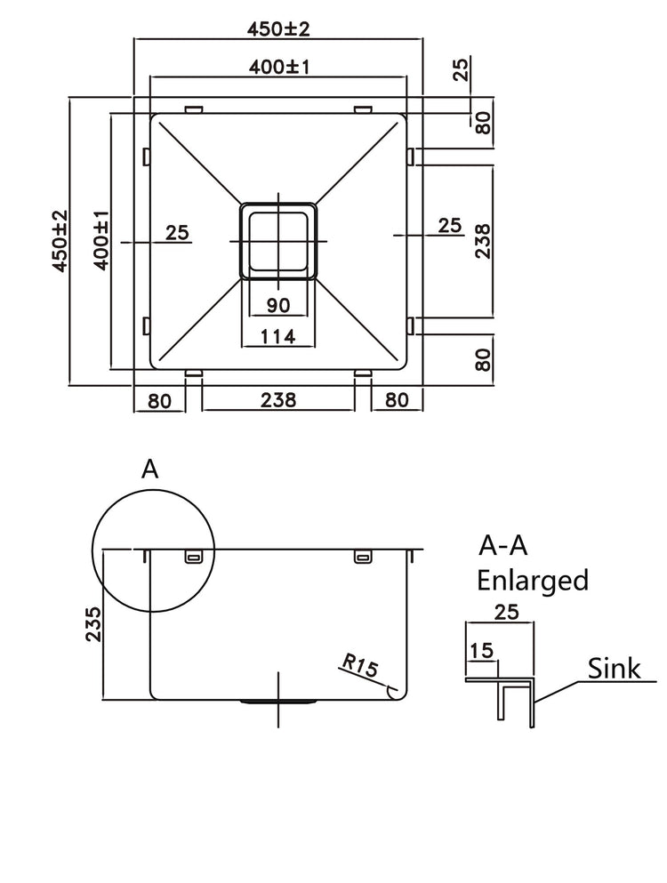 304 Stainless Steel Sink（SLSS-450S） 450x450x220mm